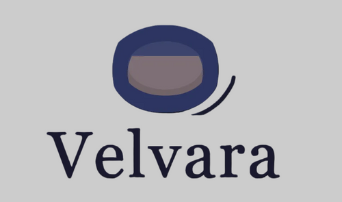 A centered brand logo for Velvara on a plain white background, featuring a dark blue rounded abstract shape above the brand name in dark navy text.