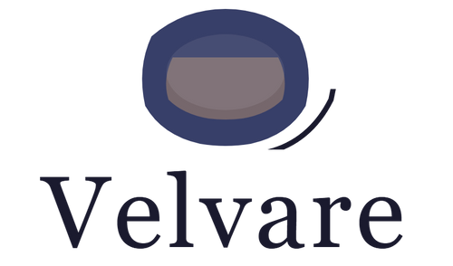 A centered Velveare logo on a plain white background, with a dark blue rounded shield-like icon above the brand name in dark navy text.